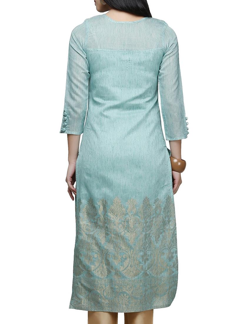 blue chanderi straight kurta - 10048818 - Zoom Image - 3