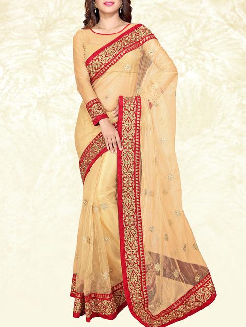 beige net embroidered saree with blouse - 10068962 - Standard Image - 1