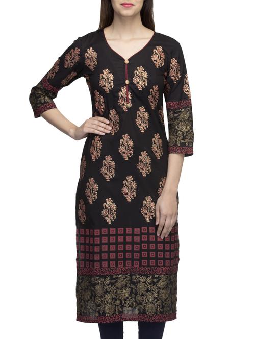 black cotton block printed straight kurta - 10157388 - Standard Image - 1