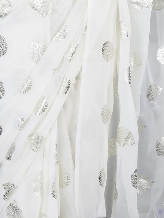 chiffon silver foil print saree - 1017602 - Zoom Image - 3