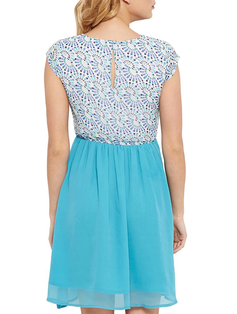the vanca sky blue printed and gathered poly georgette skater dress - 10315154 - Zoom Image - 3