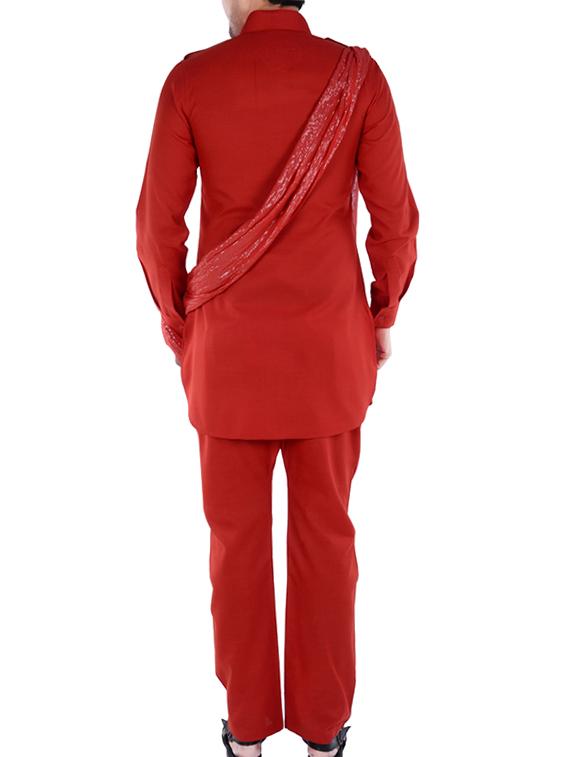 Red color kurta, pyjama and scarf set - 10433191 - Zoom Image - 3