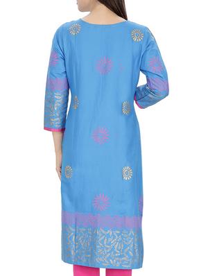 blue cotton straight kurta - 10474169 - Standard Image - 3