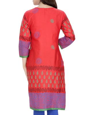 red cotton straight kurta - 10474183 - Standard Image - 3