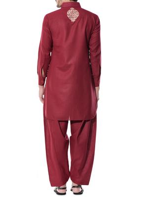 maroon cotton silk pathani set - 10551812 - Standard Image - 3