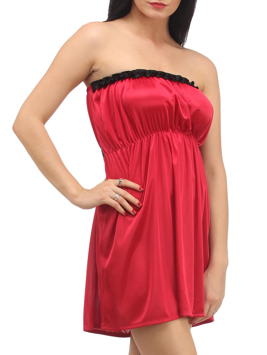 Red Plain Solid Satin Babydoll Nightwear Combo - 1058191 - Zoom Image - 6