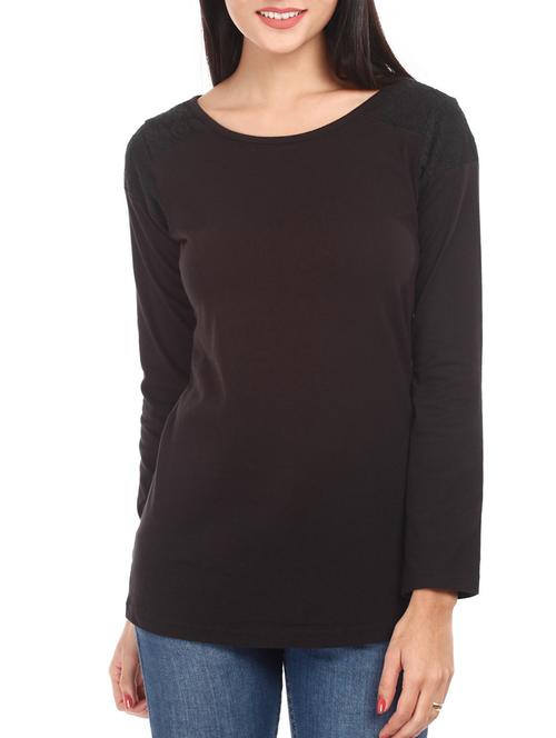 solid black lace yoke cotton top - 1078009 - Standard Image - 1