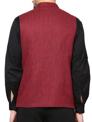 solid red jute nehru jacket - 10839823 - Standard Image - 3