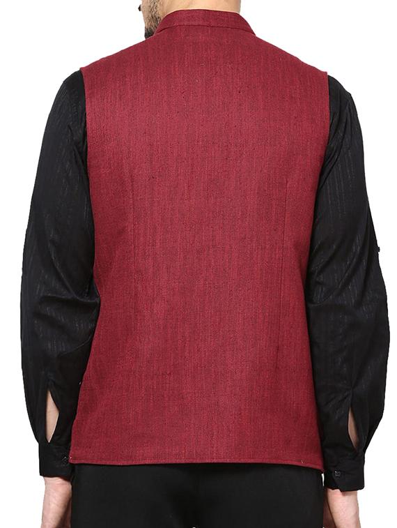 solid red jute nehru jacket - 10839823 - Zoom Image - 3