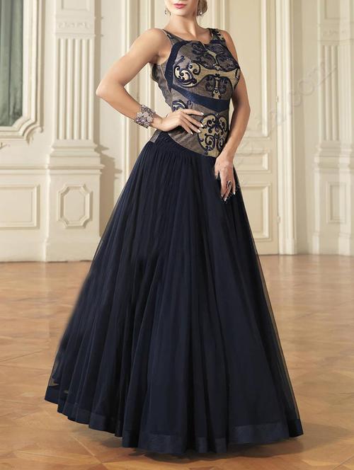 Navy blue net embroidered stitched suit - 10978526 - Very Small Image - 1