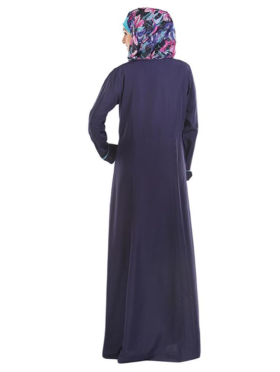 navy blue polycrepe full sleeved abaya - 11032273 - Zoom Image - 3