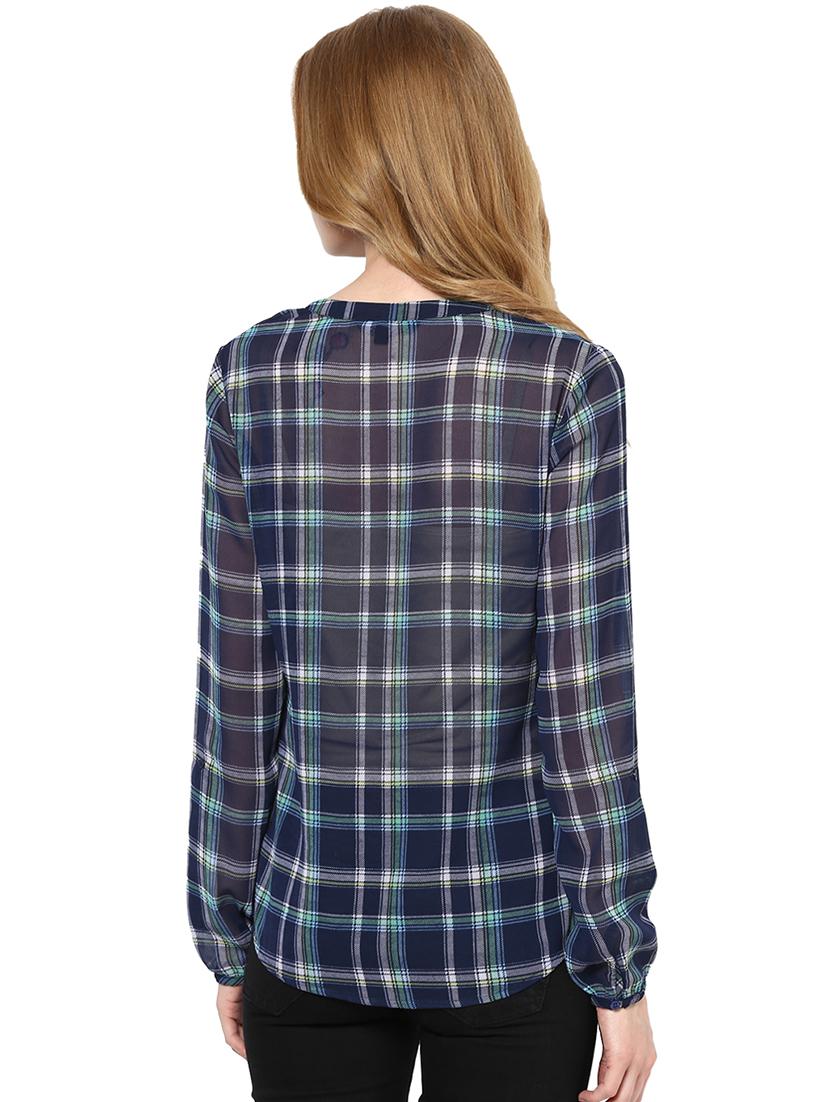 checks printed mandarin collar polygeorgette top - 1125095 - Zoom Image - 3