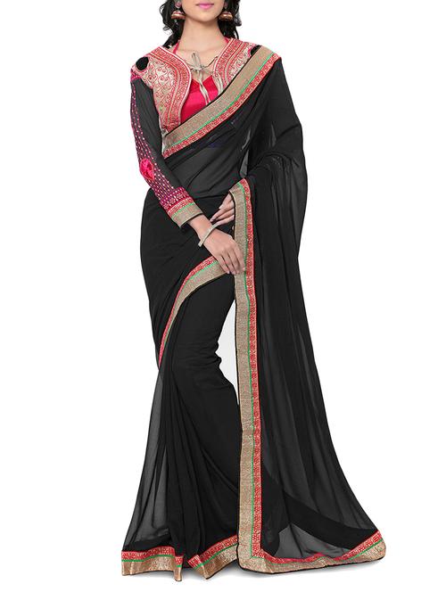 black color, georgette bordered saree with blouse - 11301890 - Very Small Image - 1