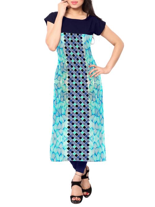 blue crepe printed long kurta - 11302578 - Standard Image - 1