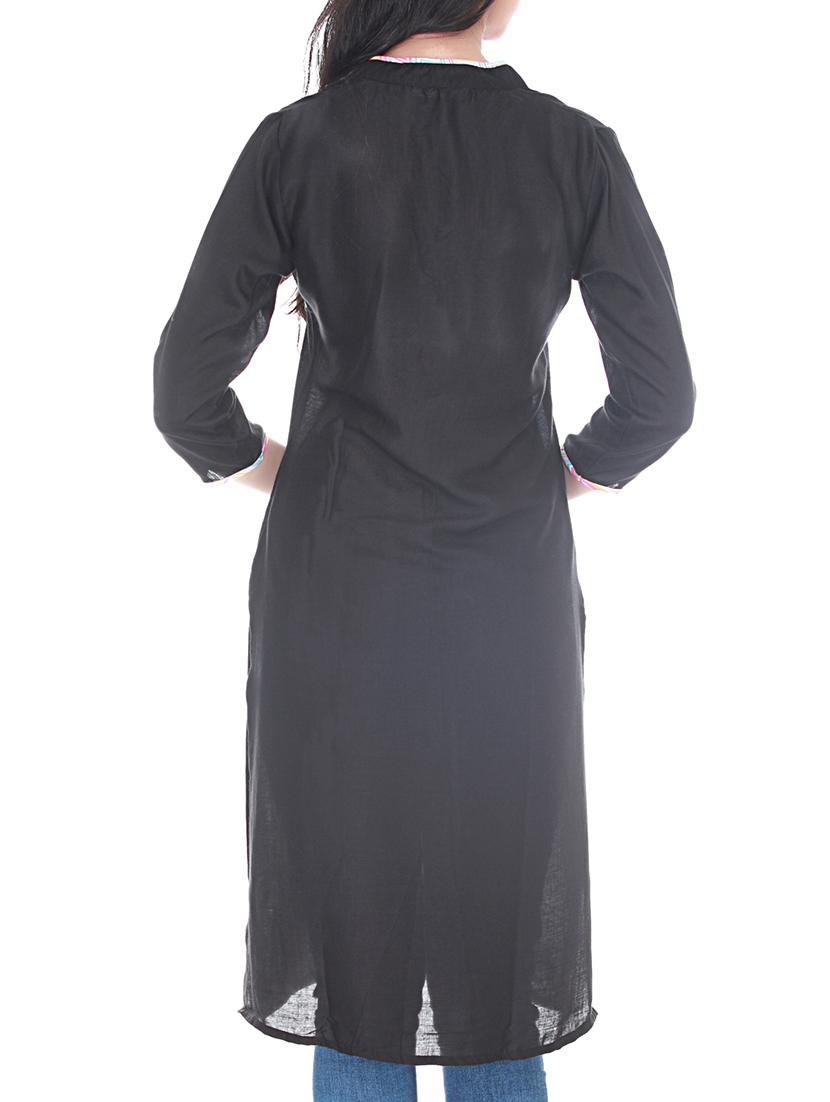 solid black rayon kurta - 11366870 - Zoom Image - 3