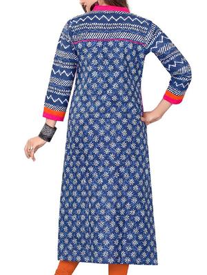 indigo printed cotton kurta - 11403362 - Standard Image - 3