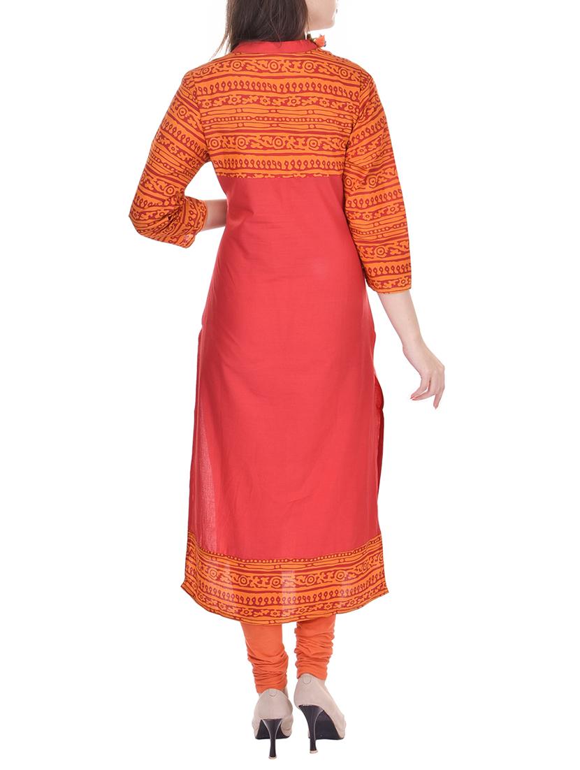 red printed cotton kurta - 11414151 - Zoom Image - 3
