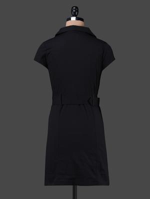 solid black shirt collar belted dress - 1150070 - Standard Image - 3