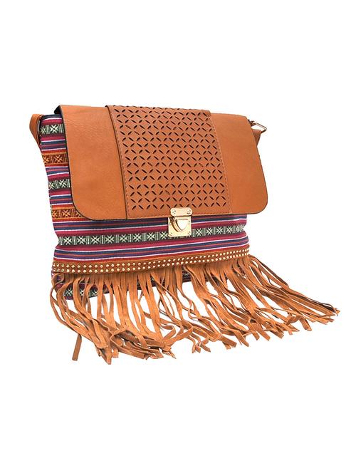 brown leatherette striped sling bag - 11508221 - Standard Image - 1