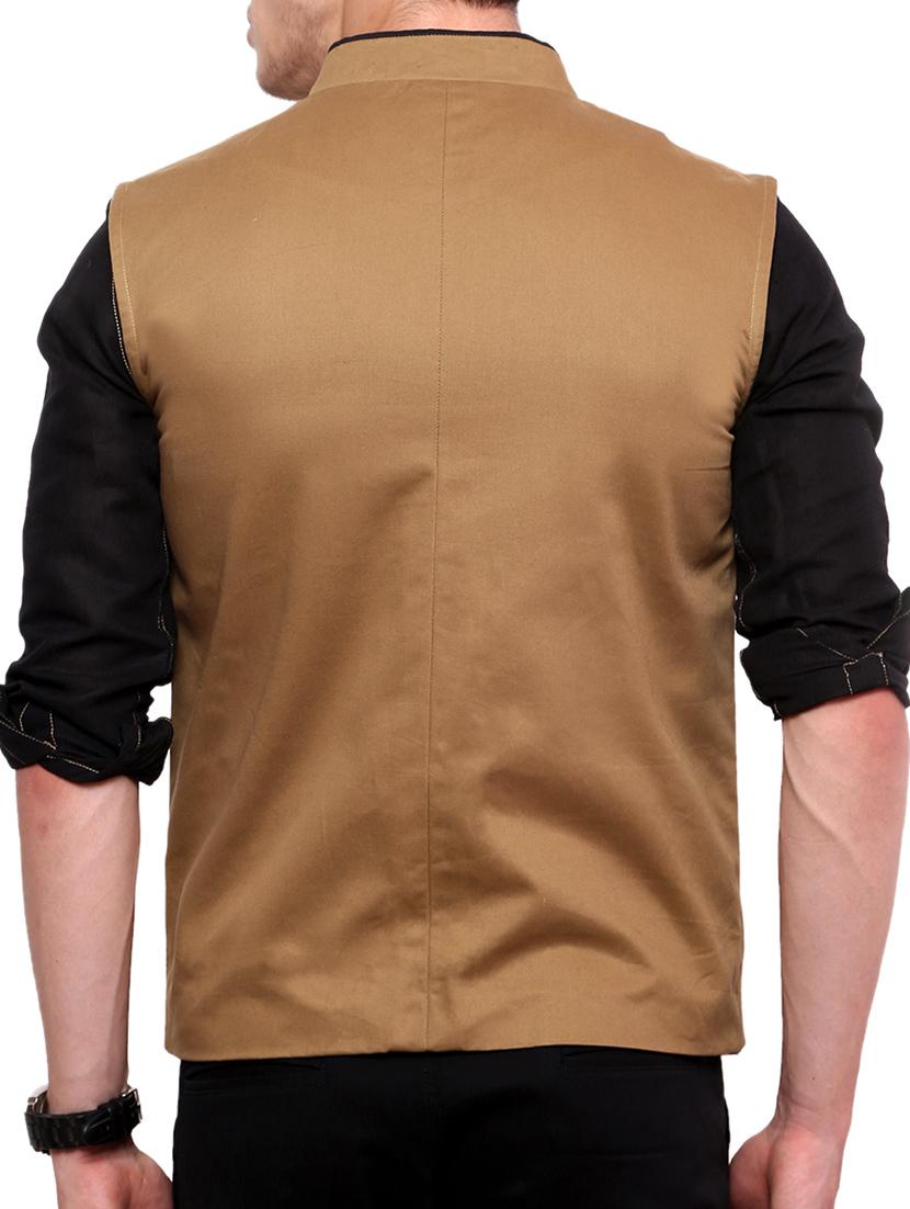 solid brown cotton nehru jacket - 11536383 - Zoom Image - 3