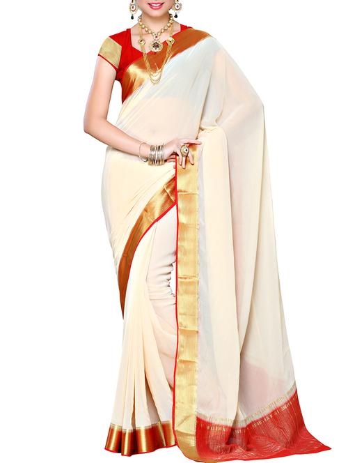 cream chiffon bordered saree with blouse - 11578192 - Standard Image - 1