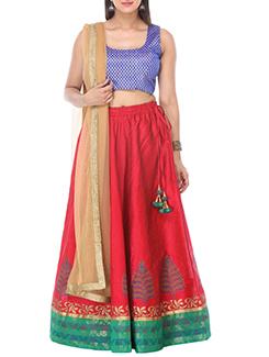 Red silk flared lehenga - 11718191 - Very Small Image - 1