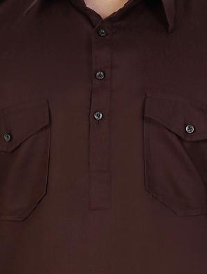 solid brown cotton pathani kurta - 11727954 - Standard Image - 3