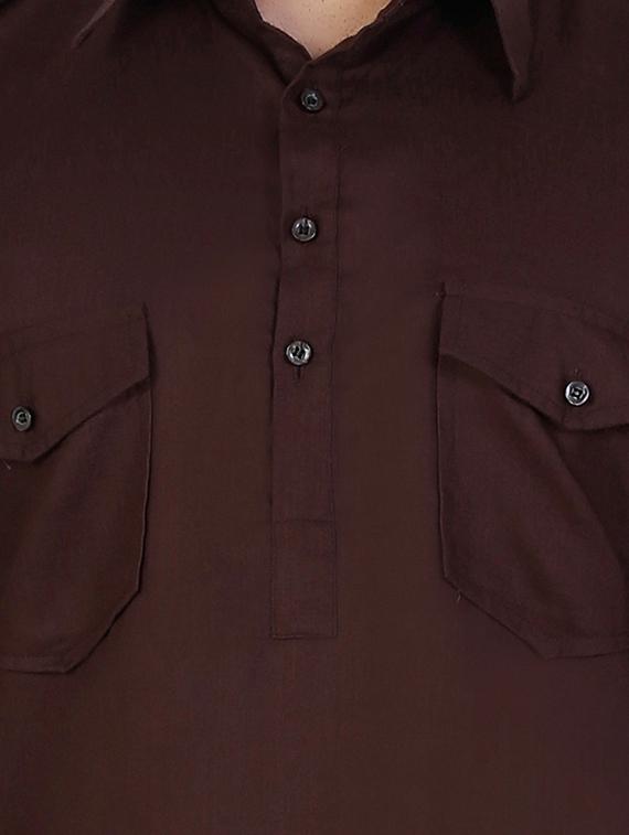 solid brown cotton pathani kurta - 11727954 - Zoom Image - 3