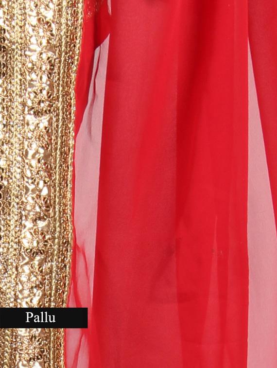 Red faux georgette saree with gold border - 1192812 - Zoom Image - 3