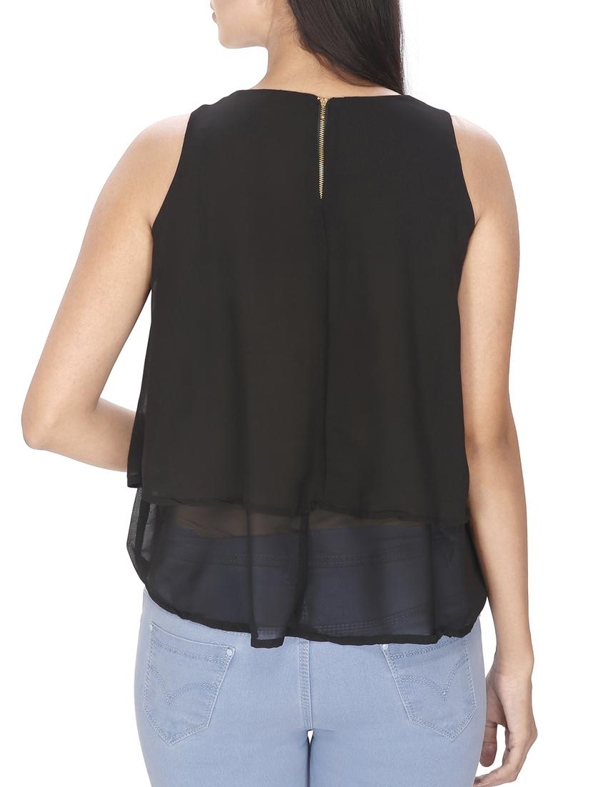 solid black poly georgette top - 12082055 - Zoom Image - 3
