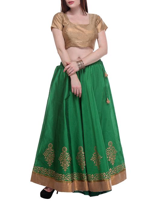 Green Hand Block Printed Lehenga Set - 12131097 - Very Small Image - 1