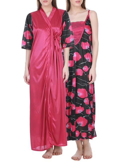 Pink satin flower printed long nighty - 1213956 - Very Small Image - 1