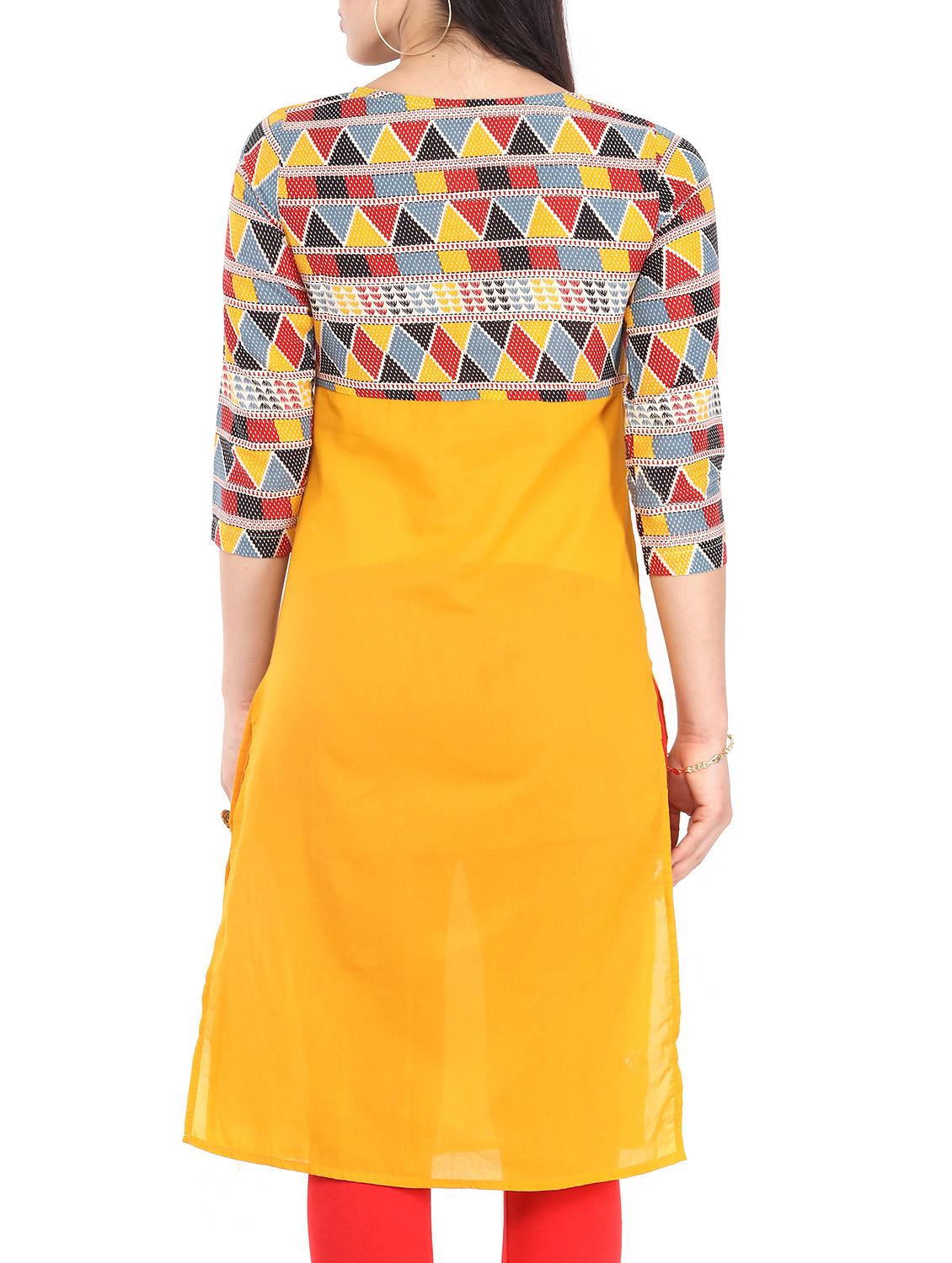 yellow cotton straight kurta - 12149699 - Zoom Image - 3