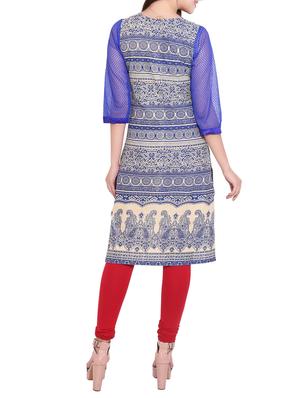 blue cotton straight kurta - 12157121 - Standard Image - 3