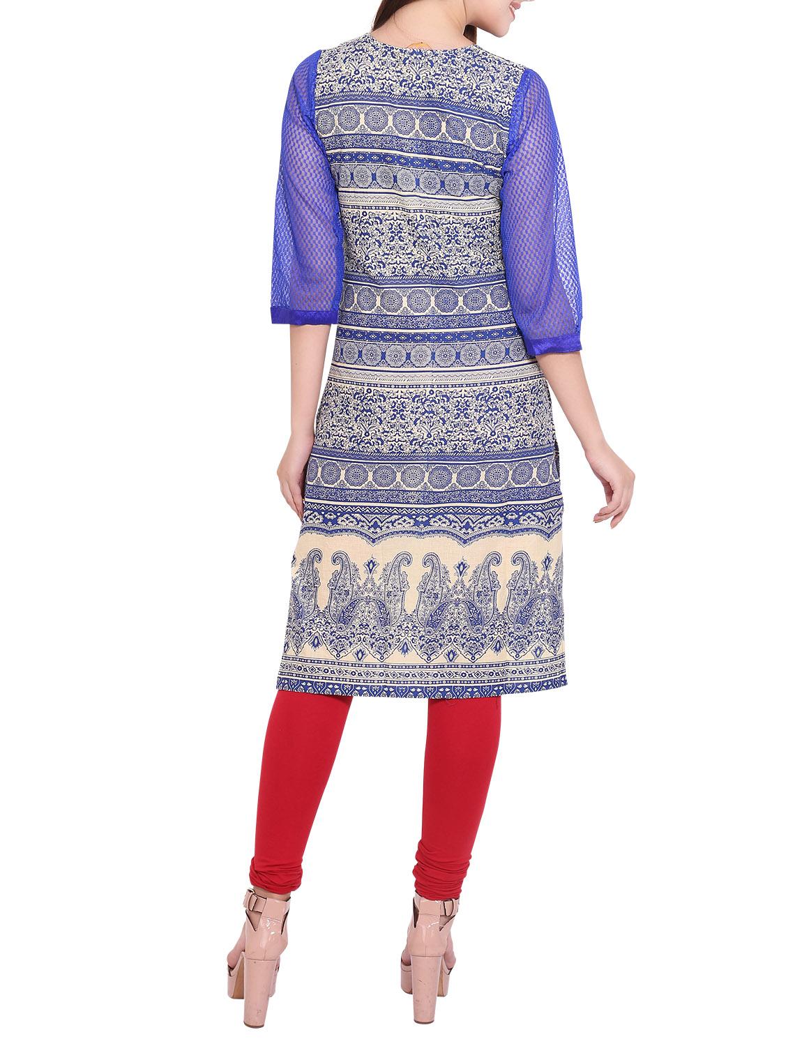 blue cotton straight kurta - 12157121 - Zoom Image - 3