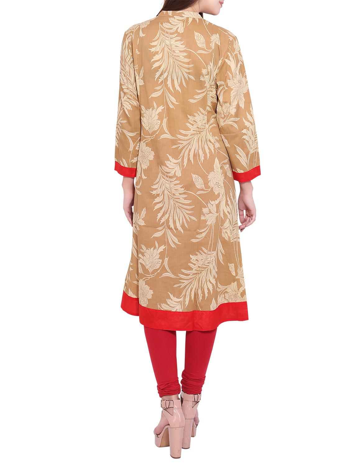 beige cotton aline kurta - 12157126 - Zoom Image - 3