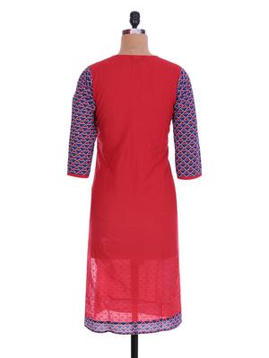 Red Cotton Printed Kurta - 1220940 - Standard Image - 3