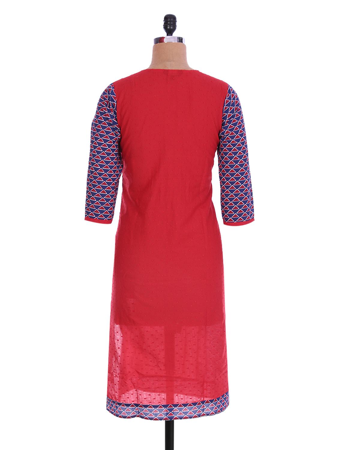Red Cotton Printed Kurta - 1220940 - Zoom Image - 3