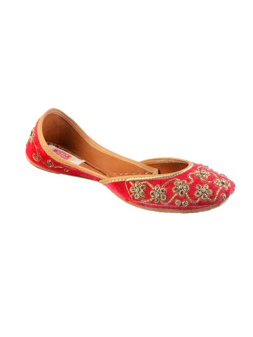 red silk hand embroidered mojaris - 12221678 - Standard Image - 1