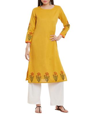 mustard cotton straight kurta - 12260827 - Standard Image - 3