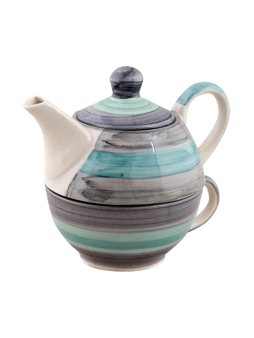 VarEesha Twirling Green Hand crafted By Rural Artisans Ceramic Cup with Kettle Set of 2 - 12399431 - Zoom Image - 3