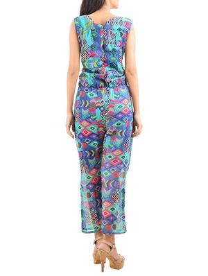 blue printed chiffon full leg jumpsuit - 12423398 - Standard Image - 3