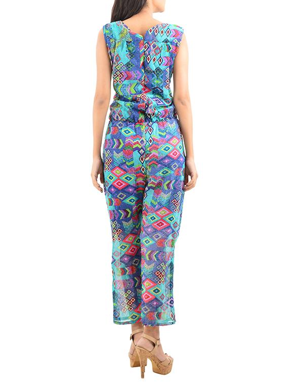 blue printed chiffon full leg jumpsuit - 12423398 - Zoom Image - 3