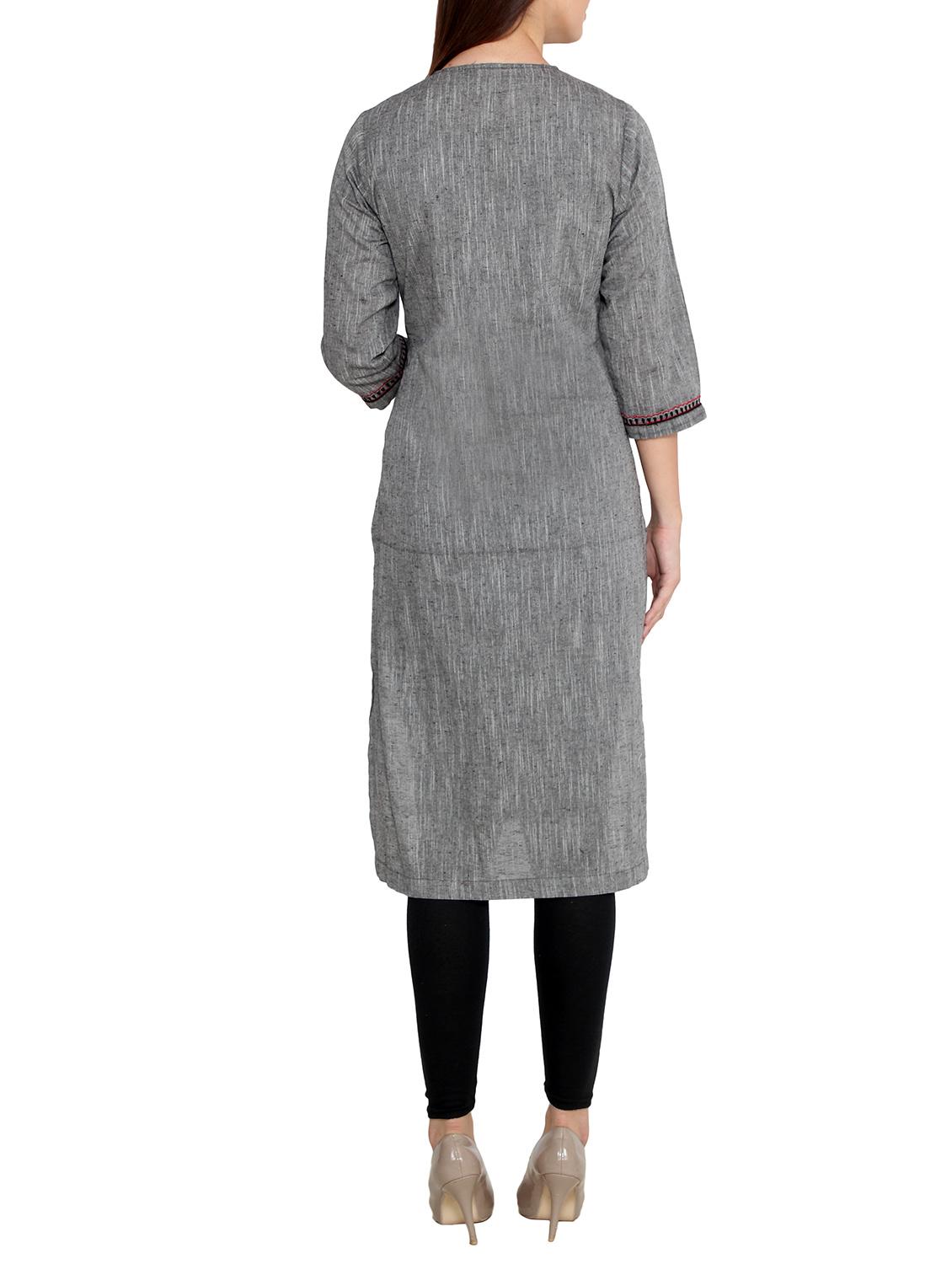 grey cotton straight kurta - 12430388 - Zoom Image - 3