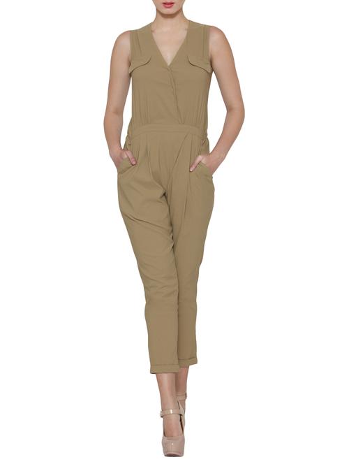 Solid beige sleeveless cotton jumpsuit - 12449654 - Standard Image - 1