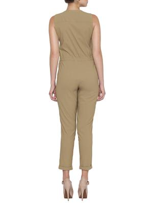Solid beige sleeveless cotton jumpsuit - 12449654 - Standard Image - 3