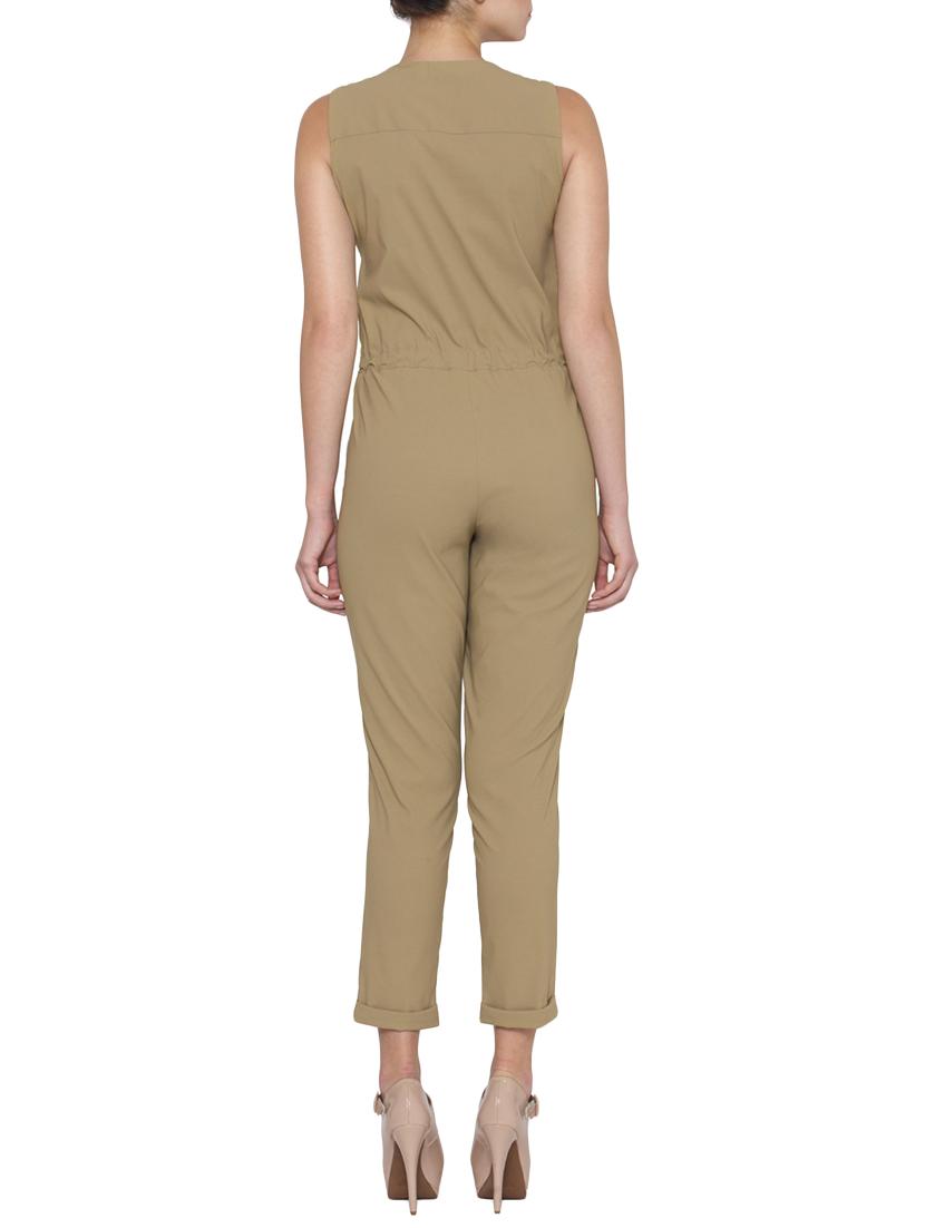 Solid beige sleeveless cotton jumpsuit - 12449654 - Zoom Image - 3
