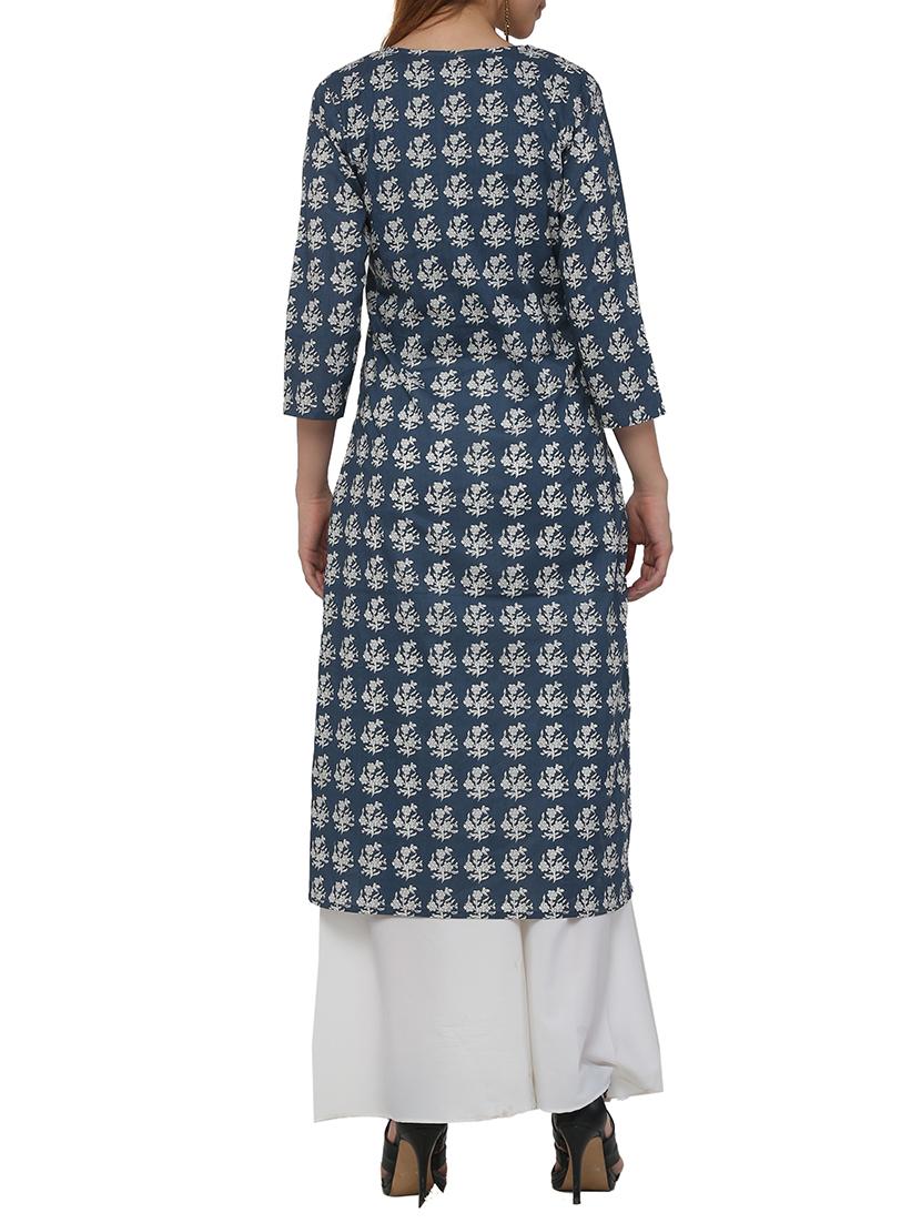 blue cotton high low kurta - 12453660 - Zoom Image - 3