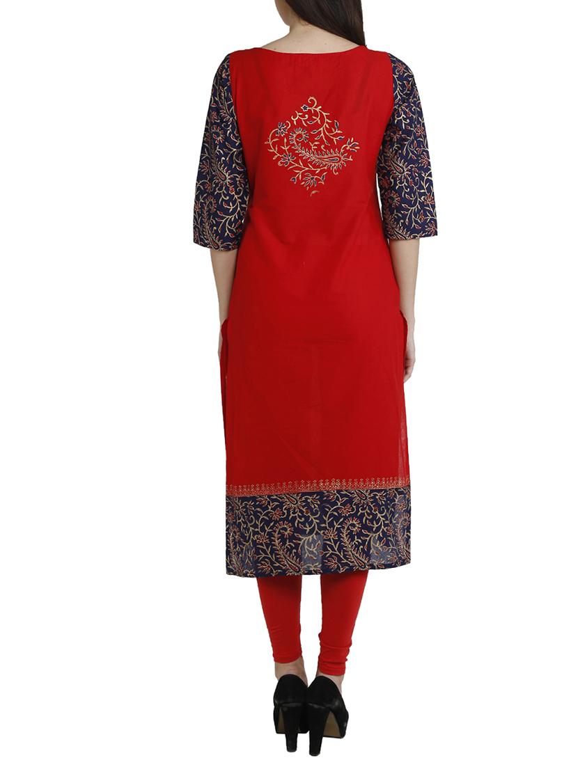 Red cotton regular kurta - 12455507 - Zoom Image - 3