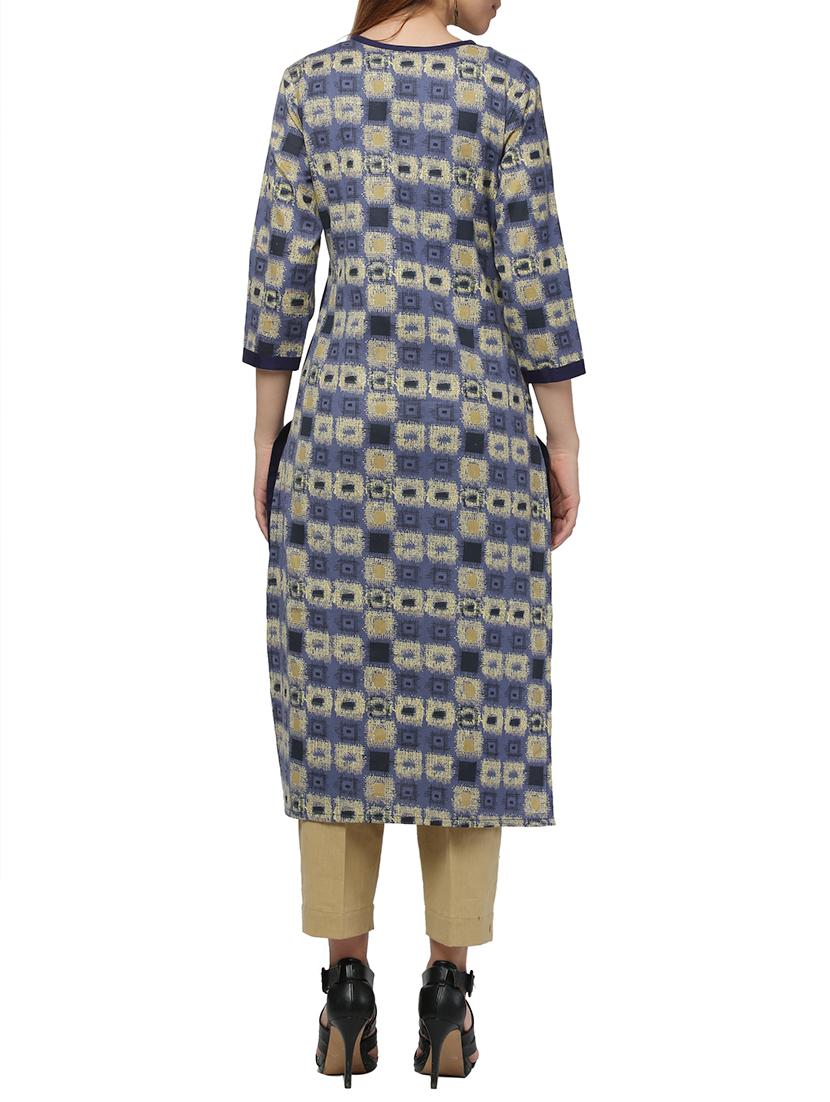 blue cotton blend straight kurta - 12455919 - Zoom Image - 3